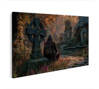 islandburner Tableau sur toile Pèlerin médiéval sur une croix de pierre dans un paysage idyllique - Edition R1