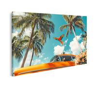islandburner Tableau sur toile perroquet volant au-dessus d'une voiture orange sous les palmiers pour salon, amoureux des animaux, agence de voyage, images murales poster