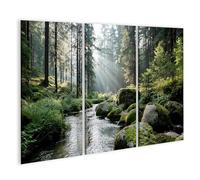 islandburner Tableau sur toile - Pierres recouvertes de mousse sur un ruisseau calme dans la forêt - 3 pièces - Edition C1