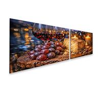 islandburner Tableau sur toile - Planche à fromage rustique avec raisins et vin rouge pour des soirées agréables - 2 pièces