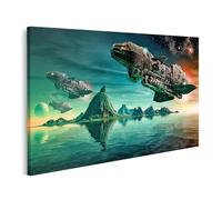 islandburner Tableau sur toile représentant des vaisseaux spatiaux sur un monde aquatique étranger, avec des planètes et des étoiles lointaines