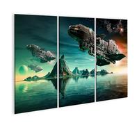 islandburner Tableau sur toile représentant des vaisseaux spatiaux sur un monde aquatique étranger, avec des planètes et des étoiles lointaines