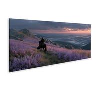 islandburner Tableau sur toile représentant un cavalier solitaire sur un cheval dans un paysage florissant - Décoration murale - Panorama