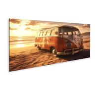 islandburner Tableau sur toile représentant un vieux bus VW sur la plage de sable au coucher du soleil
