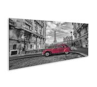 islandburner Tableau sur toile représentant une voiture rouge devant la Tour Eiffel à Paris en noir et blanc