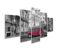 islandburner Tableau sur toile représentant une voiture rouge devant la Tour Eiffel à Paris en noir et blanc