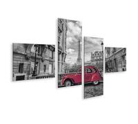 islandburner Tableau sur toile représentant une voiture rouge devant la Tour Eiffel à Paris en noir et blanc