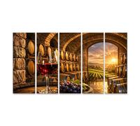islandburner Tableau sur toile romantique Cave à vin avec vin rouge et vignobles - 5 pièces XXL