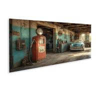 islandburner Tableau sur toile - Route nostalgique 66 - Atelier - Décoration murale pour les amateurs de voitures dans le salon - Panorama