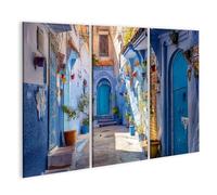 islandburner Tableau sur toile - Ruelle pittoresque à Chefchaouen - Décoration murale pour pièces à vivre - 3 pièces - Edition O1