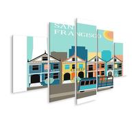 islandburner Tableau sur toile San Francisco - Maisons colorées et tramway - Illustration rétro - Tableaux muraux - Poster