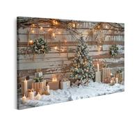 islandburner Tableau sur toile Scène de Noël enneigée Bougies Arbre Décoré Petit sapin de Noël devant mur en bois Images murales Poster