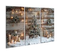 islandburner Tableau sur toile Scène de Noël enneigée Bougies Arbre Décoré Petit sapin de Noël devant mur en bois Images murales Poster