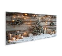islandburner Tableau sur toile Scène de Noël enneigée Bougies Arbre Décoré Petit sapin de Noël devant mur en bois Images murales Poster