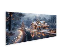 islandburner Tableau sur toile - Soirée d'hiver enneigée - Maison en brique éclairée avec lumières de Noël dans la neige - Images murales - Poster