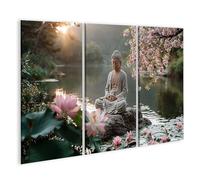islandburner Tableau sur toile - Statue de Bouddha harmonieuse au bord du lac - Décoration murale pour salon - Pour la tranquillité et la détente - 3 pièces