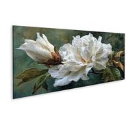 islandburner Tableau sur toile surréaliste d'une grande fleur blanche avec feuilles - Panorama