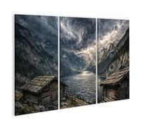 islandburner Tableau sur toile - Tempête dramatique sur lac de montagne avec cabanes en montagne - 3 pièces