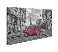 islandburner Tableau sur toile Tour Eiffel à Paris et voiture rétro rouge en clé de couleur noir et blanc Cadre Affiche Poster Murale Tableaux