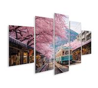 islandburner Tableau sur toile Train nostalgique sous des cerisiers en fleurs au Japon - 5 pièces
