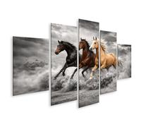 islandburner Tableau sur toile Trois chevaux au galop dans un paysage spectaculaire - Toile 170 x 80 cm - 5 pièces