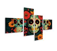 islandburner Tableau sur toile - Trois têtes de mort colorées entourées de fleurs - Tableau mural - Poster