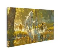 islandburner Tableau sur toile Troupeau de chevaux sur la rivière à la lumière du matin Images murales Poster