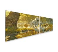 islandburner Tableau sur toile Troupeau de chevaux sur la rivière à la lumière du matin Images murales Poster