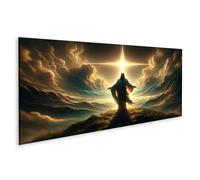 islandburner Tableau sur toile Une figure majestueuse se tient devant une lumière éclatante entourée de nuages - Panorama