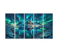 islandburner Tableau sur toile Une superbe aurore boréale au-dessus des montagnes enneigées et un lac calme - 5 pièces XXL
