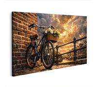 islandburner Tableau sur toile - Vélo élégant avec panier de fleurs devant une vue romantique de la ville - Edition N1