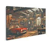 islandburner Tableau sur toile - Voiture classique dans un ancien atelier - Loft pour le salon, les amateurs de voiture - Atelier automobile - Images murales