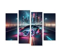 islandburner Tableau sur toile Voiture futuriste de nuit en ville avec néons Images murales Poster
