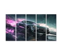 islandburner Tableau sur toile Voiture noire sous la pluie avec lumière violette et fond spectaculaire Images murales Poster