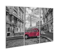 islandburner Tableau sur toile - Voiture rouge devant la Tour Eiffel à Paris - Noir et blanc - Photographie murale