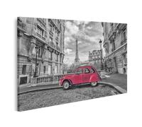 islandburner Tableau sur toile - Voiture rouge devant la Tour Eiffel à Paris - Noir et blanc - Photographie murale