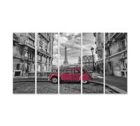 islandburner Tableau sur toile - Voiture rouge devant la Tour Eiffel à Paris - Noir et blanc - Photographie murale