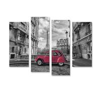 islandburner Tableau sur toile - Voiture rouge devant la Tour Eiffel à Paris - Noir et blanc - Photographie murale