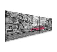 islandburner Tableau sur toile - Voiture rouge devant la Tour Eiffel à Paris - Noir et blanc - Photographie murale