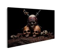 islandburner Tableau Tableaux nature morte peinture photographie deux crânes humains crâne de pirate épées quatre têtes sur fond d'obscurité effrayante Cadre sur Toile Impression Photo Affiches