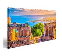 islandburner Tableau Tableaux sur toile Les ruines du théâtre de Taormina au coucher du soleil. Belles photos de voyages, photos colorées de la Sicile. UNB