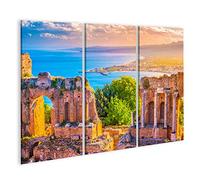 islandburner Tableau Tableaux sur Toile Les ruines du théâtre de Taormina au Coucher du Soleil. Belles Photos de Voyages, Photos colorées de la Sicile. UNB