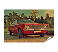 islandburner Tableau XXL - Poster de voiture classique rouge dans la forêt au coucher du soleil avec arbres et ciel - Impression photo de qualité supérieure