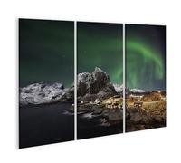 islandburner Toile Hamnoy - Aurores boréales - Belle aurore boréale - Îles de Lofoten - Norvège - Toile 130 x 80 cm - 3 pièces