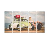 islandburner, WTD Tableau imprimé sur Toile Motif Coccinelle rétro Vintage avec Hippie Girl New York Broadway Surfer Lifestyle sur la Plage, 170x80cm - 5 Teile XXL