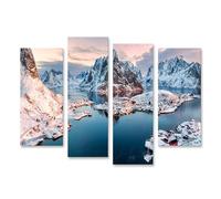 islandburner WTD Village d'hiver dans le fjord au coucher du soleil avec des montagnes enneigées - Toile 130 x 80 cm - 4 pièces