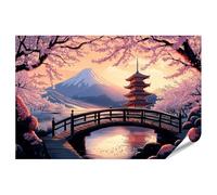 Islandburner XXL Tableau Paysage japonais avec cerisiers en fleurs et pagode pour amoureux du Japon - Image japonaise premium - Impression photo