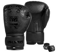 Islero Gants de boxe noirs mats pour homme et femme, sac de frappe, MMA, Muay Thai, arts martiaux, kick-boxing, sparring, gants de combat avec bandages pour les mains (noir, 283,5 g)
