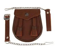 ISMUN Sporran de kilt complet marron basique pour enfant en cuir véritable avec deux pompons, marron, S, Style traditionnel écossais Highland