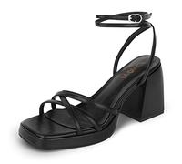 ISNOM Sandales à talons compensés noirs pour femme avec lacets et sangle de cheville, bout carré ouvert pour robe de mariage, de travail, de fête, Noir mat, 38.5 EU